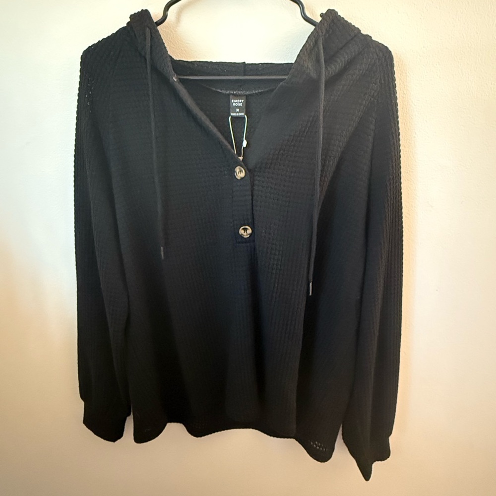 NWT Emery Rose Black Hooded Lightweight Sweater, Size Medium